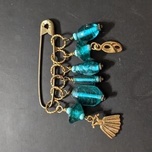 Antique Gold Tone and Teal Art Glass Beaded Stitch Markers Set of 6 Knitting
